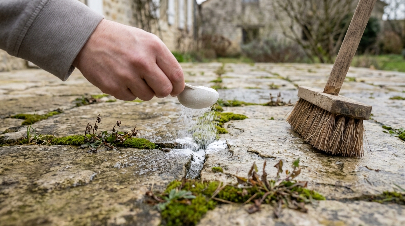 Terrasse envahie de mousse : cette poudre de cuisine fait mieux que l’eau bouillante et le vinaigre sans abîmer le sol